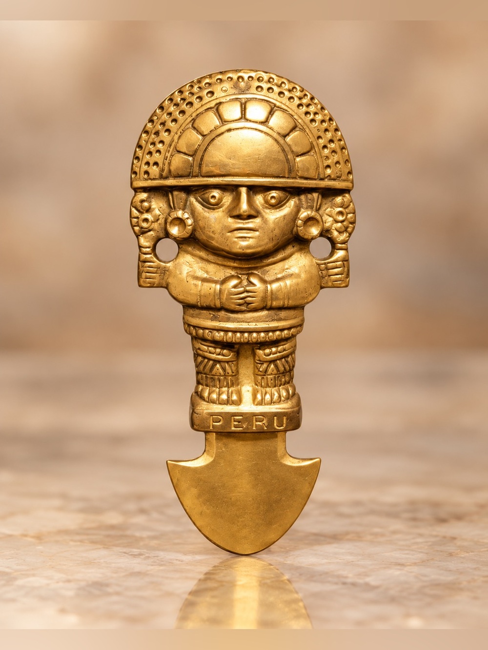 Vintage Peruvian Gold Brass Inca Tumi Ceremonial Knife Wall Hanging • Folk Art